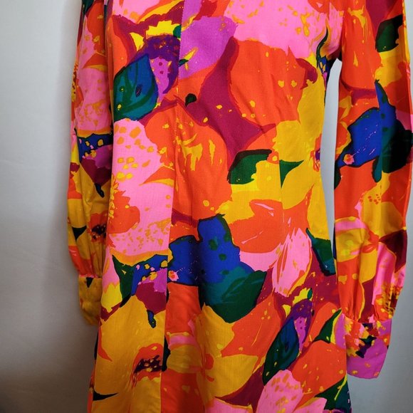 Neon Mod Mini Dress Handmade Bright Floral Long Sleeves Size Small Med Vintage - Picture 5 of 9